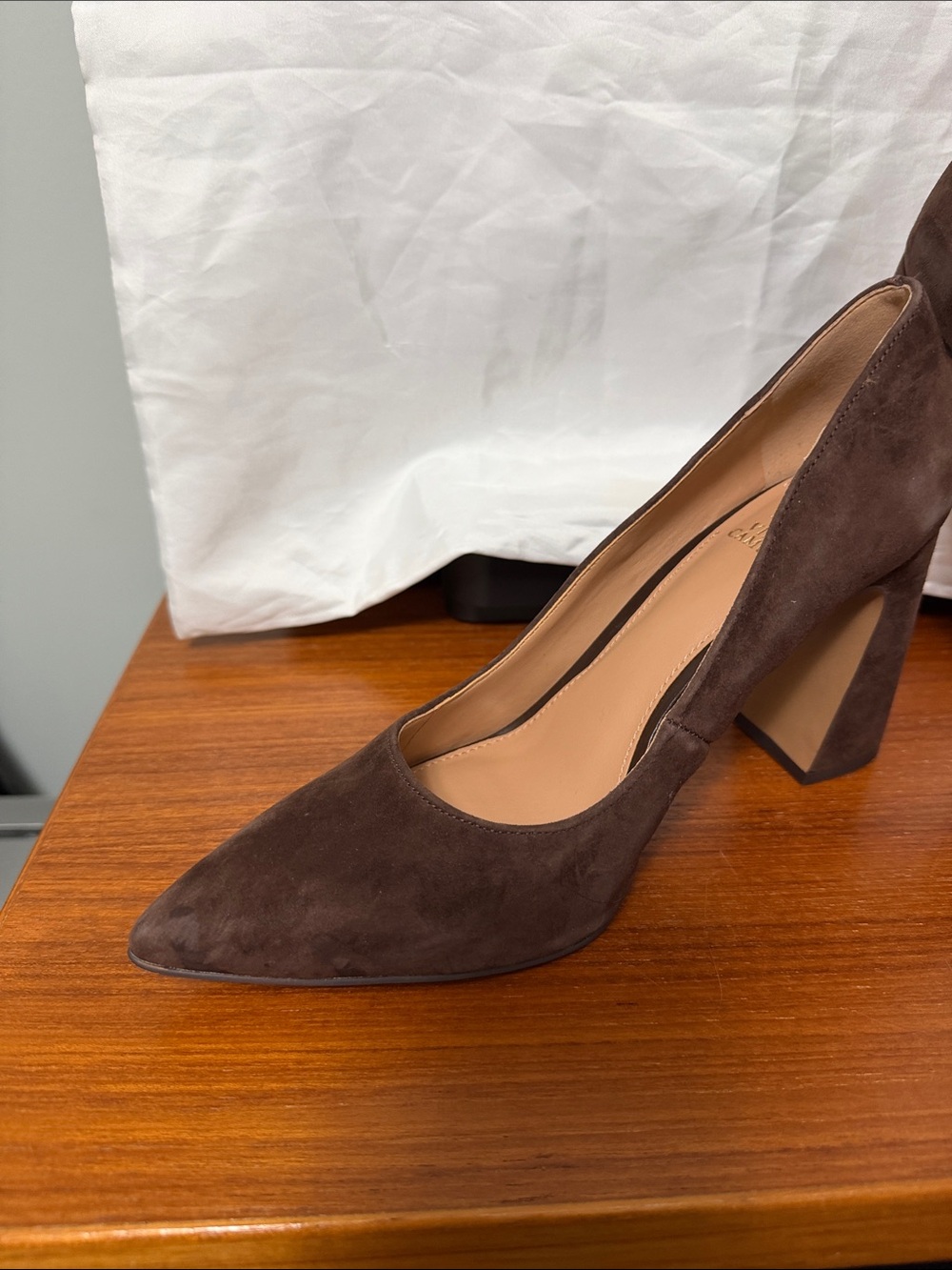 Vince Camuto Dark Brown Suede Pointed Toe Block Heels - Picture 4 of 5